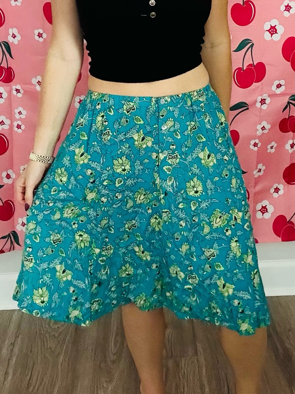 Liz Baker Teal Floral Midi Skirt